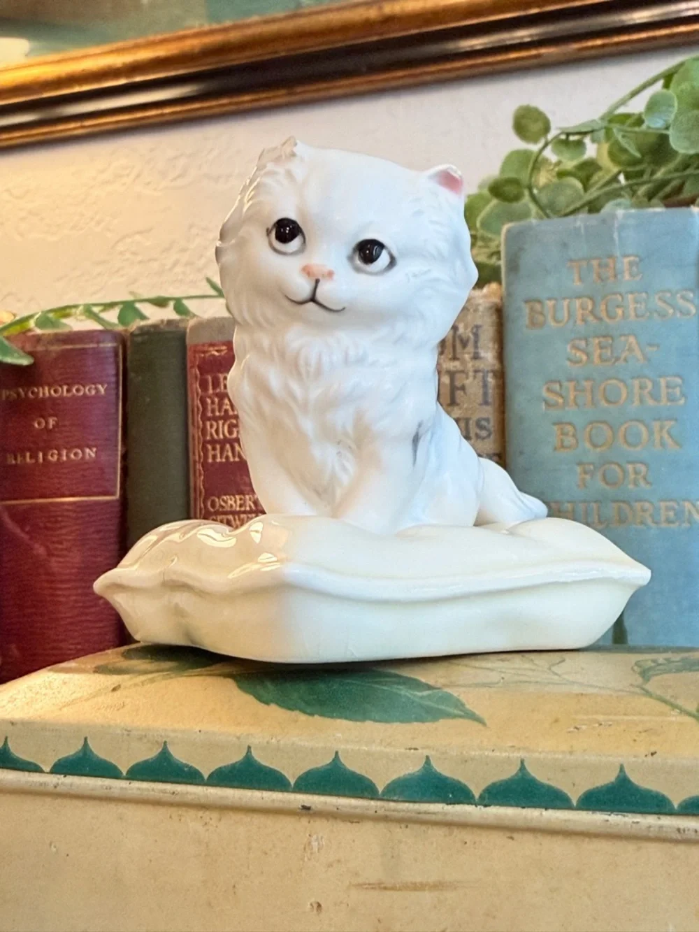 Vintage White Ceramic Kitten on Pillow Figurine with Mama Cat